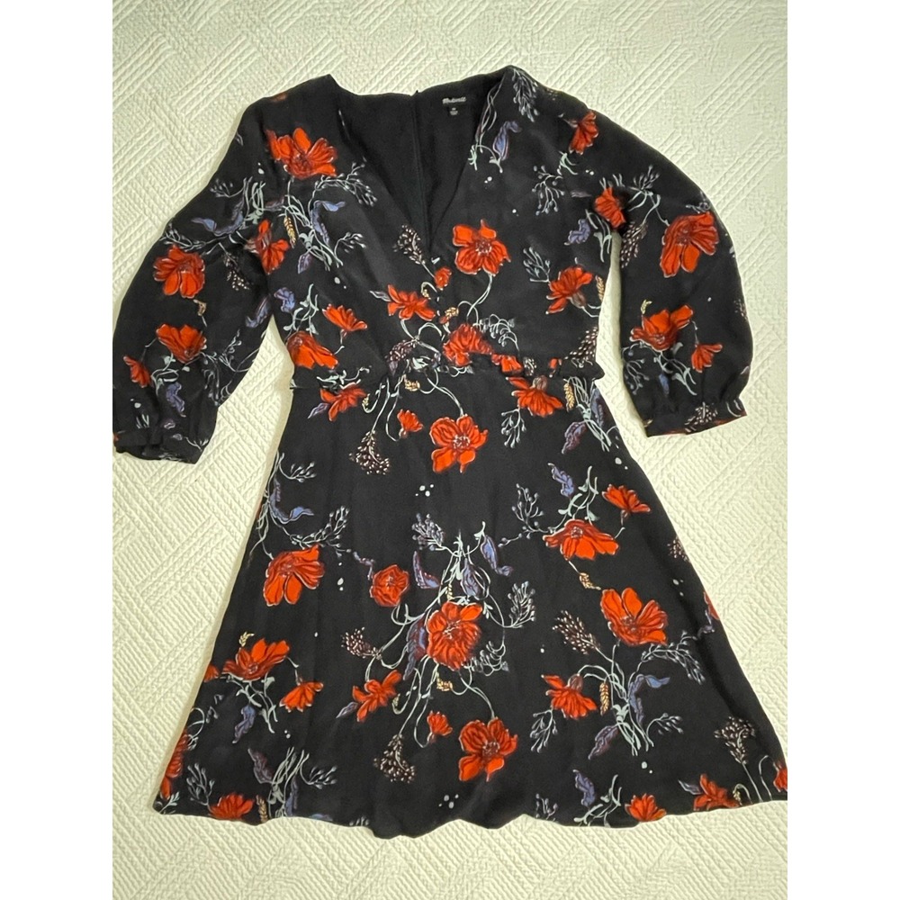 Madewell Silk Ruffle Waist Dress Sz  00 Windblown Poppies Print Mini 3/4 Sleeve